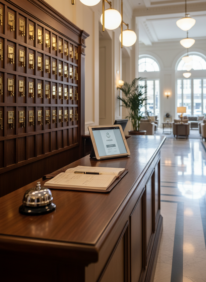 A polished hotel reception desk crafted from dark walnut wood with a seamless, glossy surface, neatly arranged with a sleek silver bell, an open leather-bound reservations ledger, and a modern tablet displaying a digital booking system. Behind the desk rises an elegant key wall with numbered brass key tags and card slots, all perfectly aligned. The setting is a spacious hotel lobby with marble flooring and subtle neutral tones, lit by soft, warm pendant lighting and diffused daylight from tall windows, creating gentle reflections on the wood and metal. Photographic realism, eye-level composition with a shallow depth of field, focusing sharply on the desk elements while the background remains softly blurred, conveying a professional, organized, and welcoming hospitality atmosphere.