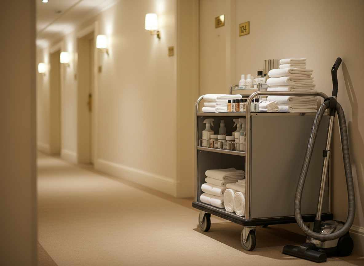 A pristine housekeeping trolley parked neatly in a hotel corridor with soft beige carpeting and cream-colored walls. The trolley is metal with smooth grey panels and organized shelves holding perfectly folded white towels, miniature bottles of amenities, crisp bed linens, and labeled cleaning supplies. A closed vacuum cleaner with a coiled cable rests beside it. The corridor extends in soft perspective, with room doors featuring subtle brass numbers and discreet wall sconces casting warm, diffused light that creates gentle shadows and highlights the textures of fabric and metal. Photographic realism, shot from a low, slightly angled perspective down the hallway, with moderate depth of field, capturing the professional, behind-the-scenes operational side of hotel management.