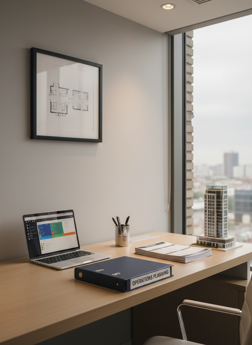 A meticulously organized hotel manager’s office corner featuring a contemporary light oak desk with a matte finish, a closed dark-navy folder labeled ‘Operations Planning’, and a slim laptop displaying a color-coded occupancy dashboard. Nearby, a tidy stack of printed schedules, a chrome pen holder, and a small model of a hotel building add detail. The room has light grey walls, a framed minimalist floor plan, and a large window revealing an out-of-focus cityscape. Soft afternoon natural light streams in, complemented by discreet recessed ceiling lights, creating a clean, professional ambiance. Captured in photographic realism from a slightly elevated angle with balanced composition and sharp focus throughout, emphasizing structure, organization, and strategic hotel management work.