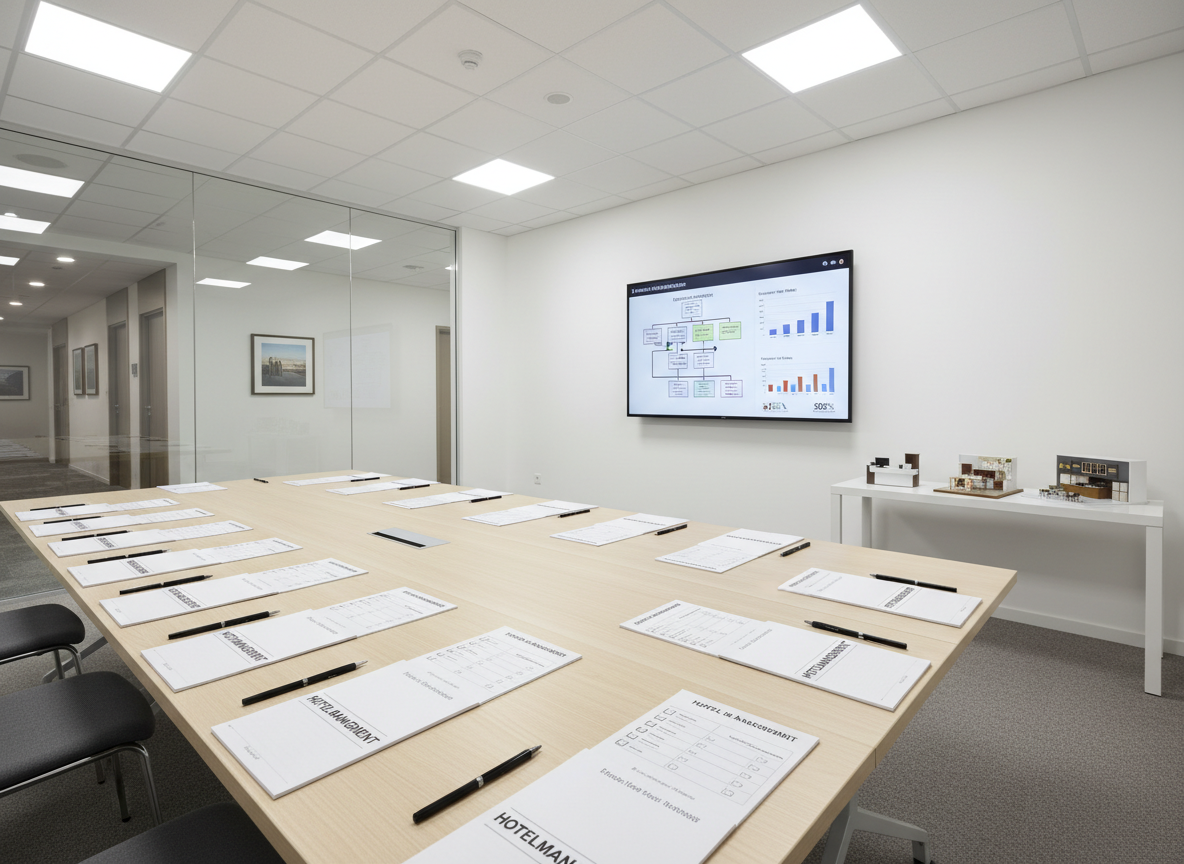 A training setup in a modern hospitality classroom, with a long, light-beech training table neatly arranged with identical notepads titled ‘Hotelmanagement’, fine-tip pens, and printed checklists of hotel departments. At the front, a large wall-mounted screen shows a detailed hotel organizational chart and occupancy statistics. On a side console sit miniature models of a reception desk, housekeeping cart, and restaurant layout. The room features soft grey carpeting, white walls, and a glass partition looking into a mock hotel corridor. Bright, diffused overhead lighting provides even illumination. Photographic realism, wide-angle shot at eye level, sharp focus across the scene, creating an educational, structured, and aspirational mood for future hotel managers.